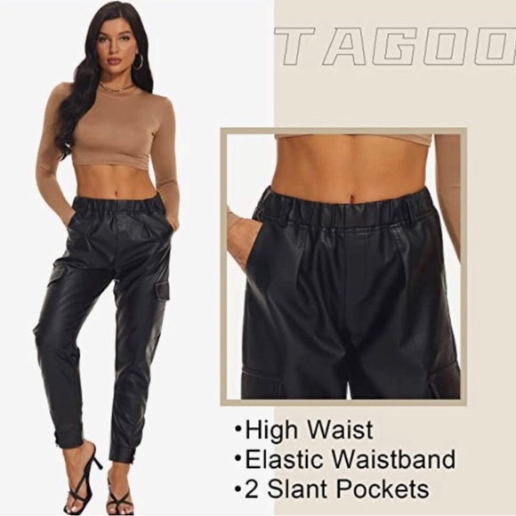 NWT TAGOO FAUX BLACK LEATHER CARGO PANTS - Picture 2 of 8